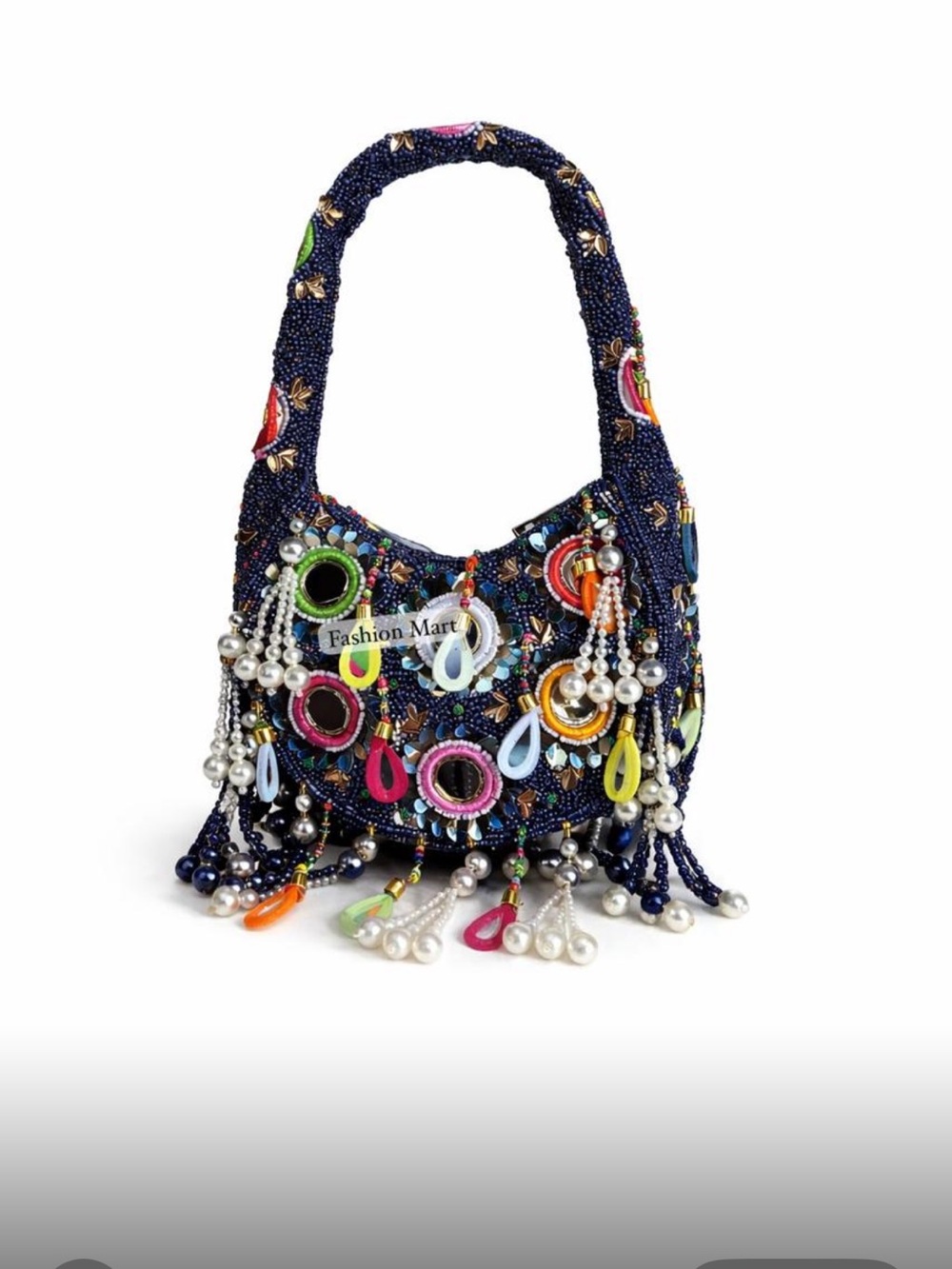 Boho Navy Hand Beaded Shoulder Bag | Colorful Fringe Statement Purse